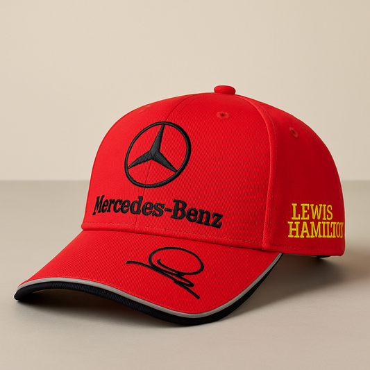 Mercedes-Benz Red Baseball Cap – Embroidered Logo & Signature