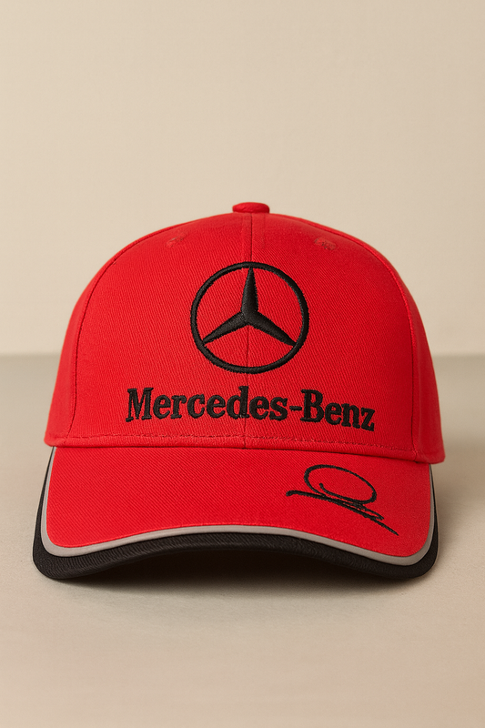 Mercedes-Benz Red Baseball Cap – Embroidered Logo & Signature
